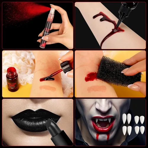 Vista 3 de Kit de colmillos falsos de sangre y dientes de vampiro, fiesta de Halloween, cosplay de vampiros