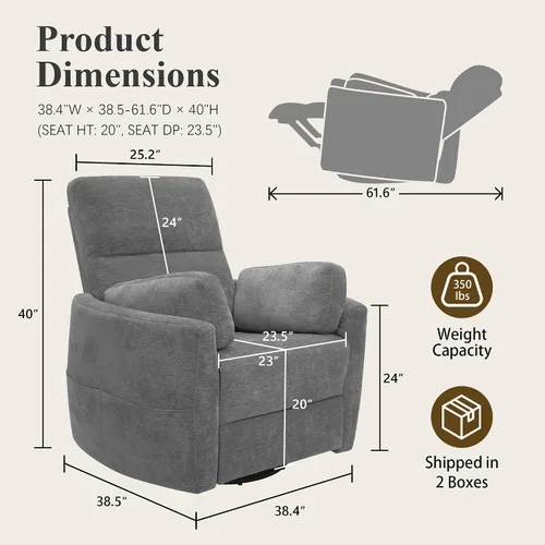 Vista 2 de Extra Wide Power Swivel Rocker Recliner Chair Nursery,Light Gray