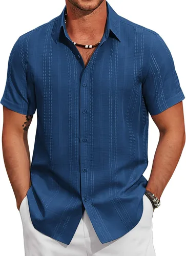 Vista 11 de COOFANDY Camisas casuales con botones para hombre, de manga corta, para verano, playa, texturizadas