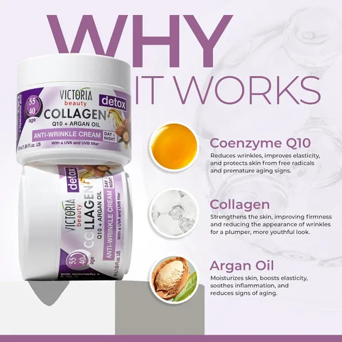 Vista 3 de Skin Care Detox Crema facial de día y noche hidratante antienvejecimiento con colágeno, ácido hialurónico, Q10, aceite de argán y un filtro UVA/UVB
