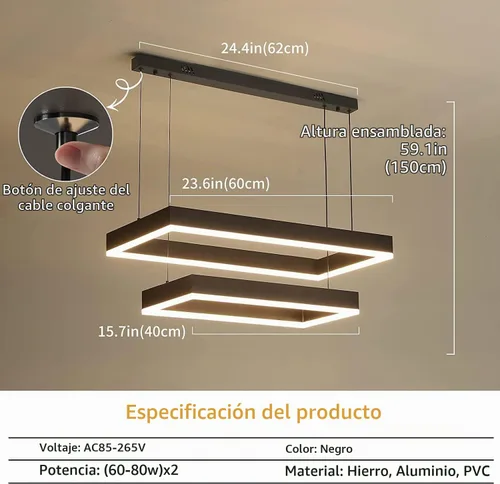 Vista 3 de Candelabros modernos para sala de estar, 2 anillos rectángulos, lámpara colgante de isla de cocina, lámpara LED regulable para comedor y dormitorio