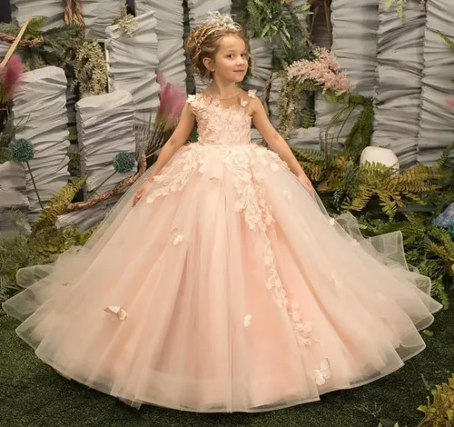 Vista 5 de Vestido de niña de las flores, con apliques de tul de mariposa 3D, vestidos de princesa para concursos de graduación, vestidos de fiesta para niñas