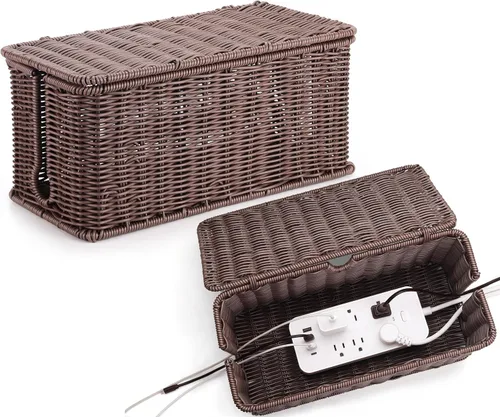 Vista 12 de Caja grande de organización de cables, organizador de cables de ratán de imitación tejida a mano, caja de gestión de cables de escritorio