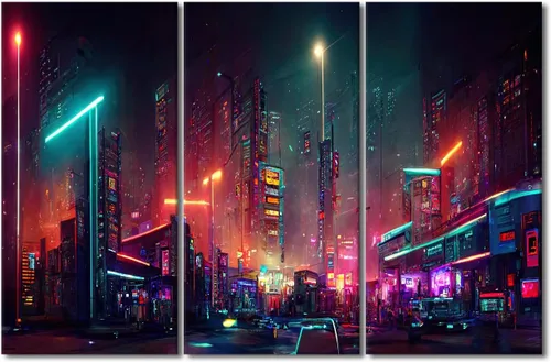 Vista 53 de Lienzo decorativo para pared de sala de estar, lienzo Cyberpunk, decoración de pared de 3 paneles, decoración de pared para el hogar, dormitorio