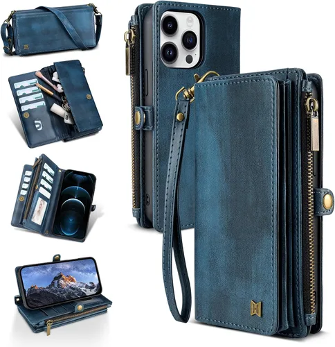 Vista 62 de Funda tipo cartera para iPhone 16 Pro Max con 8 tarjeteros, bloqueo RFID, piel sintética, función atril, abatible, correa de muñeca y correa