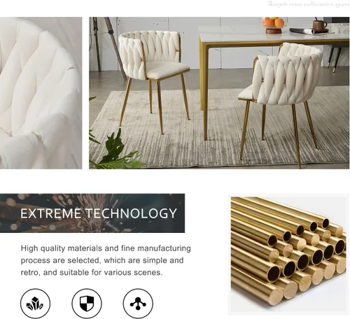 Vista 8 de Juego de 2 sillas de comedor de terciopelo, modernas sillas de comedor tapizadas con patas de metal dorado y respaldo tejido para comedor, cocina