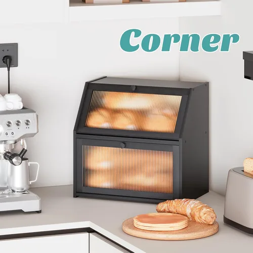 Vista 4 de Caja de pan extra grande negra para mostrador de cocina, caja de pan de bambú de doble capa grande, capacidad de almacenamiento de pan de madera
