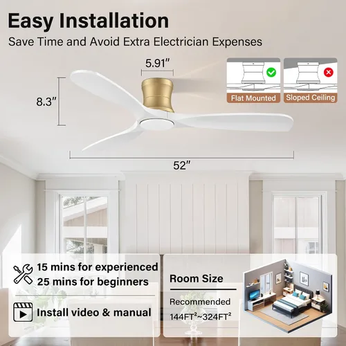 Vista 6 de Ventiladores de techo de madera de 52 pulgadas con control remoto de luces, regulable, reversible, moderno ventilador de techo de madera blanca