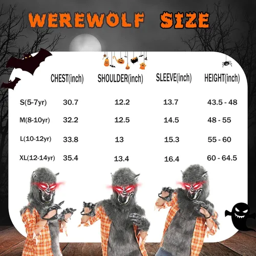 Vista 6 de Nalmits Disfraz de hombre lobo de Halloween para niños, trajes de lobo aullador de lujo con máscara de ojos rojos iluminados, guantes, zapatos