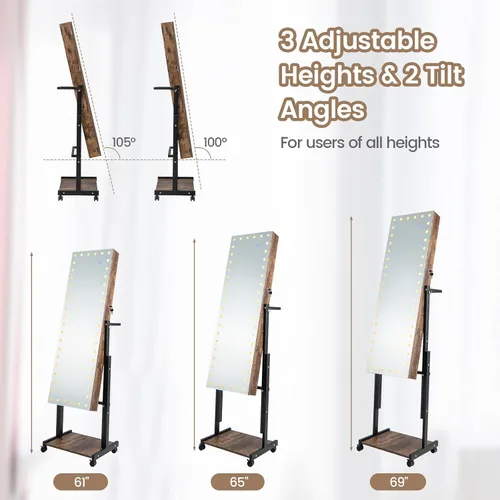 Vista 5 de CHARMAID Armario de joyería con espejo LED de longitud completa, 3 alturas ajustables, hasta 69 pulgadas, soporte para aretes, organizador de joyas