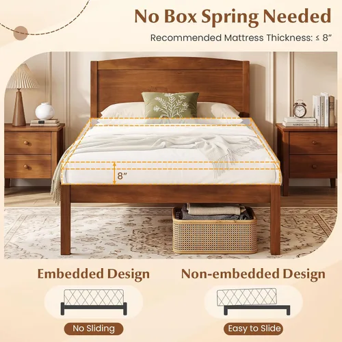 Vista 7 de GIANTEX Twin Size Wooden Bed Frame with Curved Headboard, Wood Slat Support