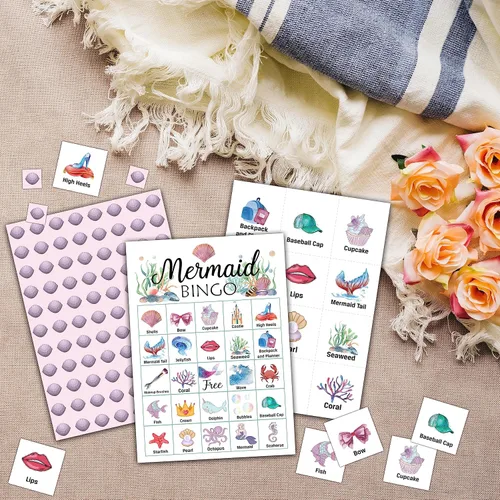Vista 3 de Ycyfckdr Tarjetas de bingo de sirena, juegos de fiesta de sirena, juego de bingo bajo el mar para adultos, juegos al aire libre