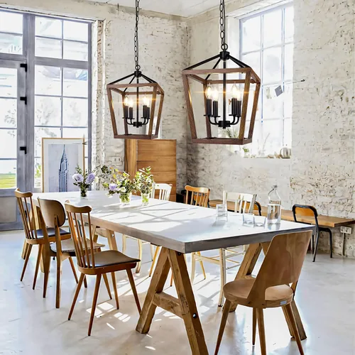 Vista 6 de Lámpara de araña estilo granja para cocina y comedor, lámpara colgante rústica de 4 luces para techo con altura ajustable en acabado de madera