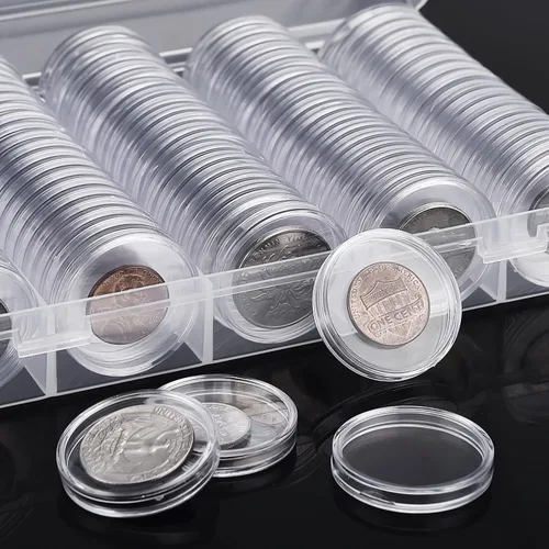 Vista 5 de Hicarer 100 cápsulas redondas de plástico transparente de 1.181 in para coleccionistas, estuche protector con caja de almacenamiento para Morgan