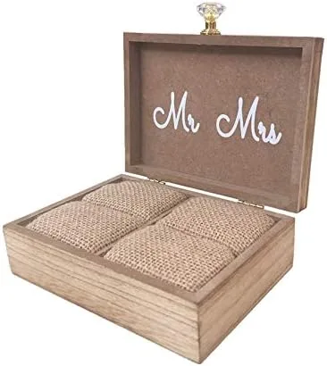 Vista 5 de Always & Forever" Caja rústica de madera para anillos de boda con forro de almohada de arpillera, soporte para anillos, caja decorativa, caja