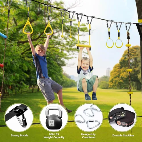 Vista 11 de Ninja Warrior - Carrera de obstáculos para niños, kit de línea floja de 2 x 56 pies con 10 accesorios ninja, barra de mono, escalera de cuerda