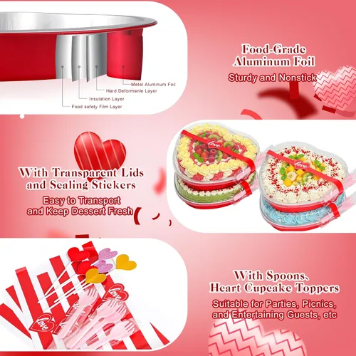 Vista 4 de 20 Pack 22oz Heart Shaped Cake Pans with Lids,Aluminum Foil Heart Baking Cups,Disposable Ramekins Liners Tins for Valentine's Day