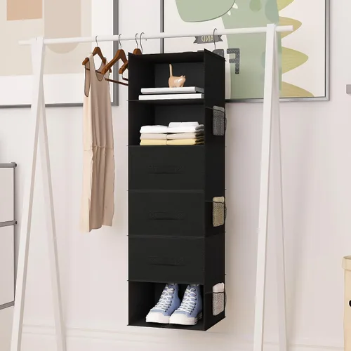 Vista 9 de Organizador colgante de armario de 6 estantes con cajones, almacenamiento de ropa plegable, portátil, estantes colgantes para ropa y zapatos, 47 x