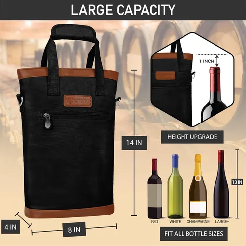 Vista 4 de opux - Portavinos para 2 botellas, bolsa aislada a prueba de fugas para vino, bolsa de enfriamiento portátil para viajes BYOB, picnic, estuche