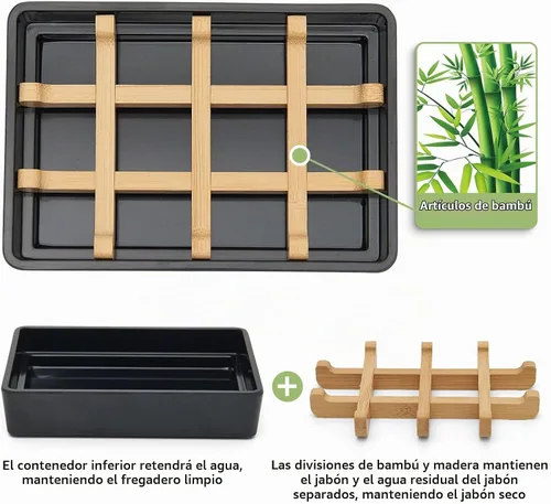 Vista 2 de Jaboneras de bambú para ducha con drenaje de madera para jabonera de baño, fácil de limpiar, duraderas y con almohadillas antideslizantes