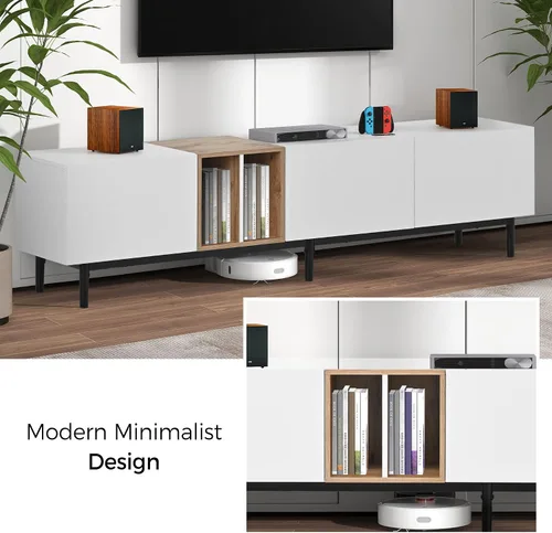 Vista 8 de Moderno soporte de TV con centro de entretenimiento con 3 puertas, soportes de centro multimedia con armarios grandes y mesa de madera resistente al