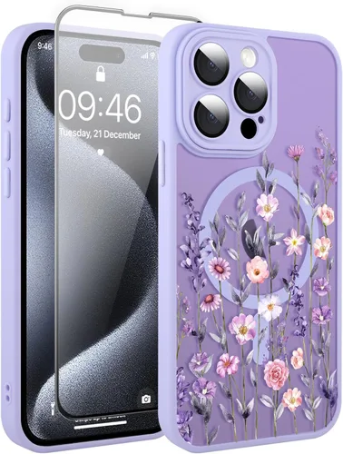 Vista 190 de Magnético para iPhone 13 con protector de pantalla [Compatible con MagSafe] Diseño de patrón floral de flores bonitas, funda delgada a prueba