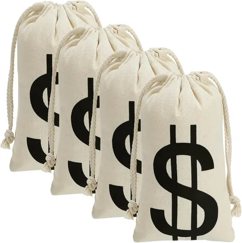Vista 10 de 4 bolsas de dinero de lona de 6.3 x 9 pulgadas, bolsa de dinero de Halloween con letrero de dólar, sacos de dinero para disfraz de ladrón de bancos