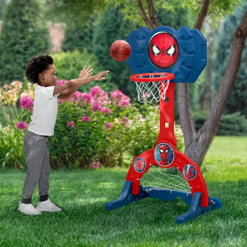 Vista 2 de Delta Children Marvel Spider Man Centro Deportivo 4 en 1 – Aro de Baloncesto Ajustable Easy Score, Red de Fútbol/Hockey y Juego de Golf, Rojo/Azul