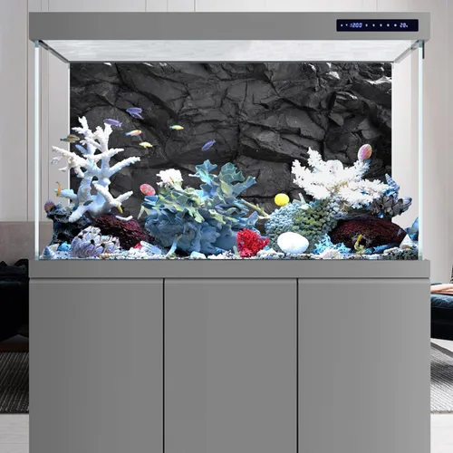 Vista 5 de AWERT Fondo de acuario de piedra de 24 x 12 pulgadas, fondo de pecera de roca negra, fondo de terrario rocoso de vinilo