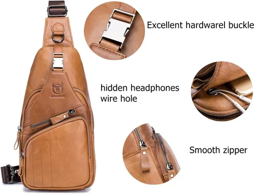 Vista 4 de BULLCAPTAIN Bolso bandolera de cuero genuino para hombre, estilo casual, multiusos, mochila de hombro, mochila de viaje para senderismo