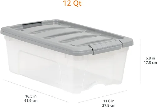 Vista 7 de Amazon Basics Contenedores de almacenamiento de plástico con tapas de cierre seguro, cubos organizadores apilables, transparente/gris, 12 cuartos