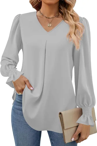 Vista 18 de Funlingo Blusas de mujer con mangas largas 2025, elegantes y casuales, con cuello en V, túnica suelta de gasa para el trabajo