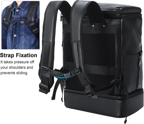 Vista 2 de TIDING Mochila de cuero genuino para hombre, bolsa de laptop de 15.6 pulgadas, mochila casual de viaje con compartimento para zapatos, Negro