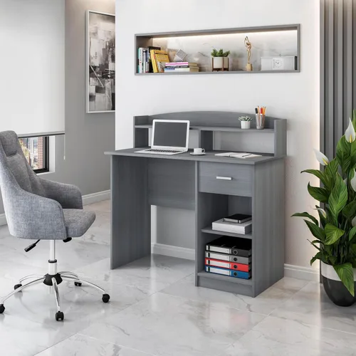 Vista 2 de Techni Mobili Escritorio moderno para oficina, color gris 41" modern desk with hutch, open shelves, compact workstation design, sturdy frame; grey