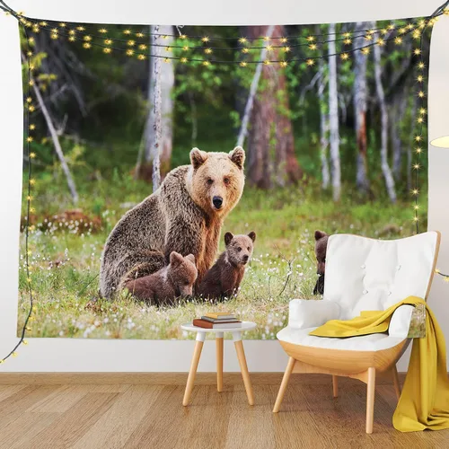 Vista 9 de Ambesonne Tapiz de naturaleza, madre salvaje, oso grizzly protegiendo a sus bebés en el bosque, estampado de animales de la selva, colgante de pared