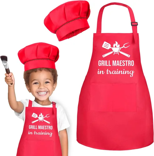 Vista 8 de Juego de delantal y sombrero de chef para niños, divertido delantal de entrenamiento con 2 bolsillos para niños y niñas