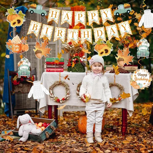 Vista 4 de Decoraciones de fiesta de calabaza pequeña, pancarta de feliz cumpleaños de Acción de Gracias y decoraciones de remolinos colgantes para fiesta