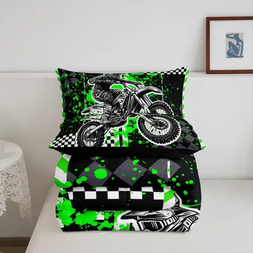 Vista 6 de Feelyou Kids Green Dirt Bike Duvet Insert Twin Size, Extreme Sports Comforter Set Boys Girls Motorbike Bedding Set Teens Bedroom Decor Microfiber