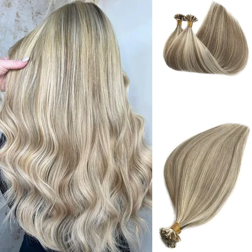 Vista 8 de Extensiones de cabello Microlink con reflejos, cabello humano lacio de 14 pulgadas, rubio caramelo resaltado, 50G/50S