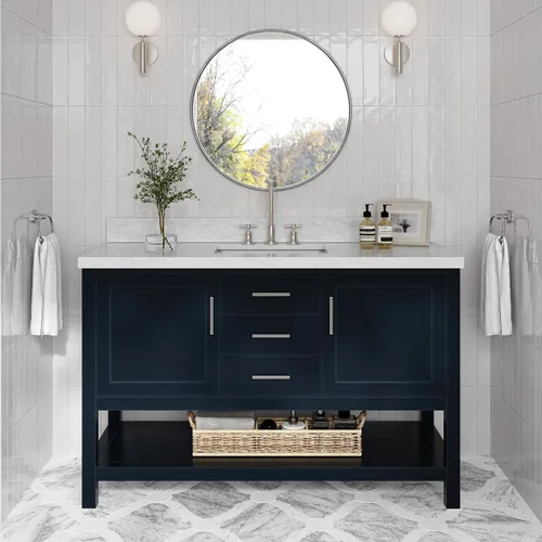 Vista 20 de ARIEL Hamlet - Mueble de baño de 54 pulgadas con fregadero, madera maciza, encimera de mármol italiano de Carrara de 1.5 pulgadas, fregadero