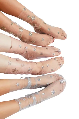 Vista 3 de FXmimior Calcetines de tul con purpurina caliente y estrellas para mujer, Blanco