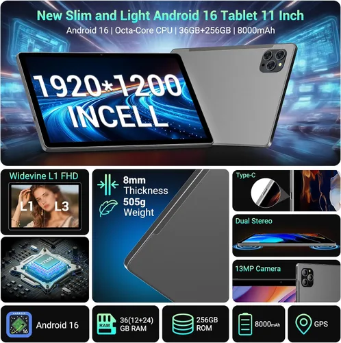 Vista 2 de Tablet Android 16 de 11 pulgadas con Gemini AI, tabletas de pantalla FHD de 2K, 36 GB de RAM 256 GB ROM, Octa-Core T615, 2 en 1 con teclado, 8000