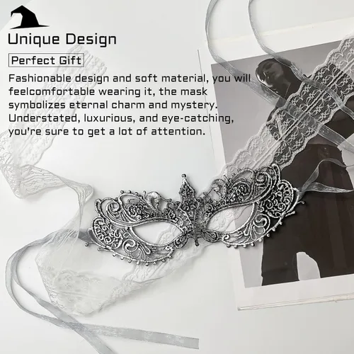 Vista 4 de Máscara de encaje para mujer, máscaras venecianas para fiesta de máscaras, fiesta de disfraces, Halloween, carnaval, apta para adultos, suave y negro