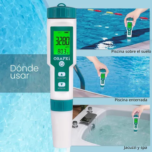 Vista 8 de PORAPXI - Probador digital de salinidad y pH para piscinas, jacuzzis y spas de agua, medidor digital 5 en 1 Digital Salinity Tester 5 in 1 pH Salt