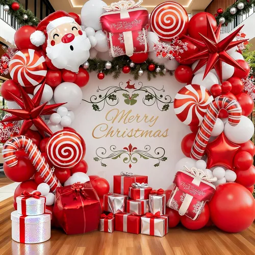 Vista 4 de Kit de guirnalda de globos de Navidad en forma de arco con globos rojos y blancos, caramelo, bastón, estrella, estrella de explosión, caja