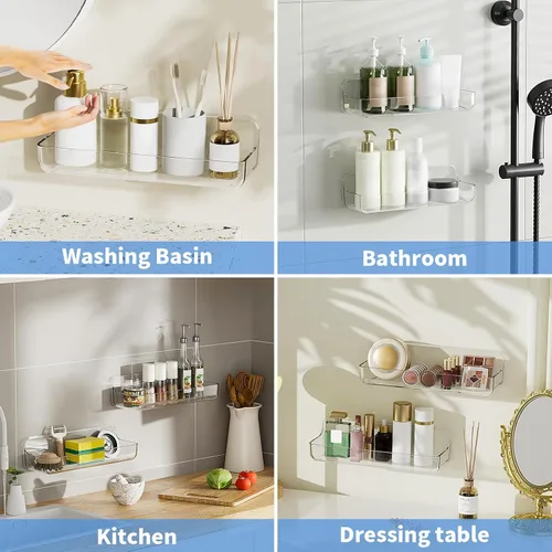 Vista 6 de Diesisa Organizador de pared acrílico de 2 piezas, estante adhesivo, organizadores de pared, sin perforaciones, estantes de baño, estante de pared