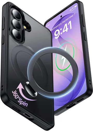 Vista 30 de Funda para Samsung Galaxy S24+ Plus, compatible con MagSafe, con soporte de anillo magnético giratorio de 360° [carga inalámbrica], soporte de Negro