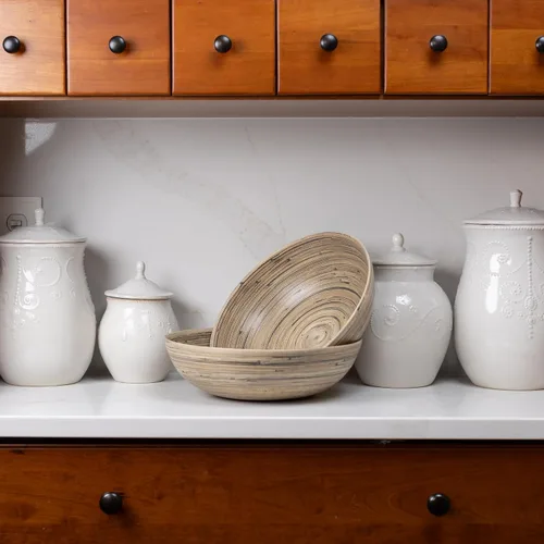 Vista 5 de LEXA Ensaladera de bambú hecha a mano de 12 pulgadas, cuenco de fruta grande de madera de 130 onzas para encimera de cocina, bambú negro, paquete