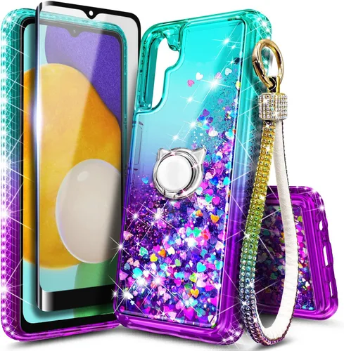 Vista 14 de Funda compatible con Samsung Galaxy S24-FE Aqua/Purple Funda líquida flotante con purpurina linda con protector de pantalla de vidrio templado