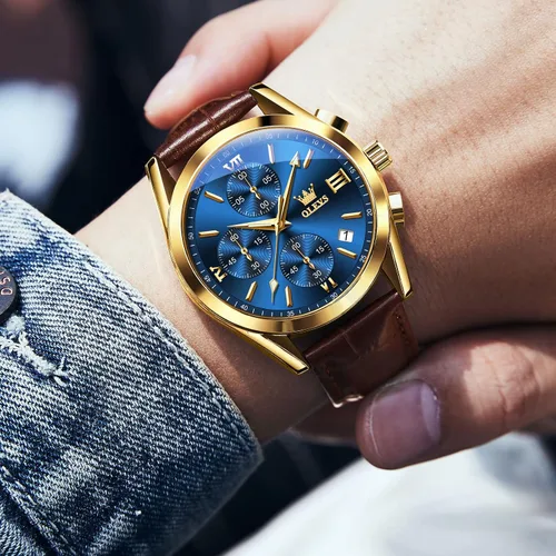 Vista 2 de OLEVS Watch Men Leather Chronograph Waterproof Luxury Dress Analog Quartz Azul